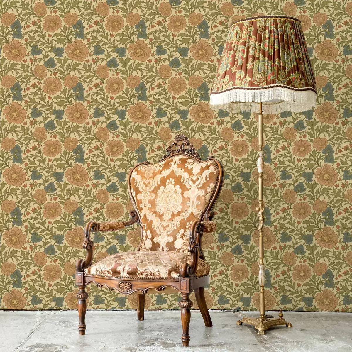 Papel de parede Padrão retrô com flores laranja e azuis a00245