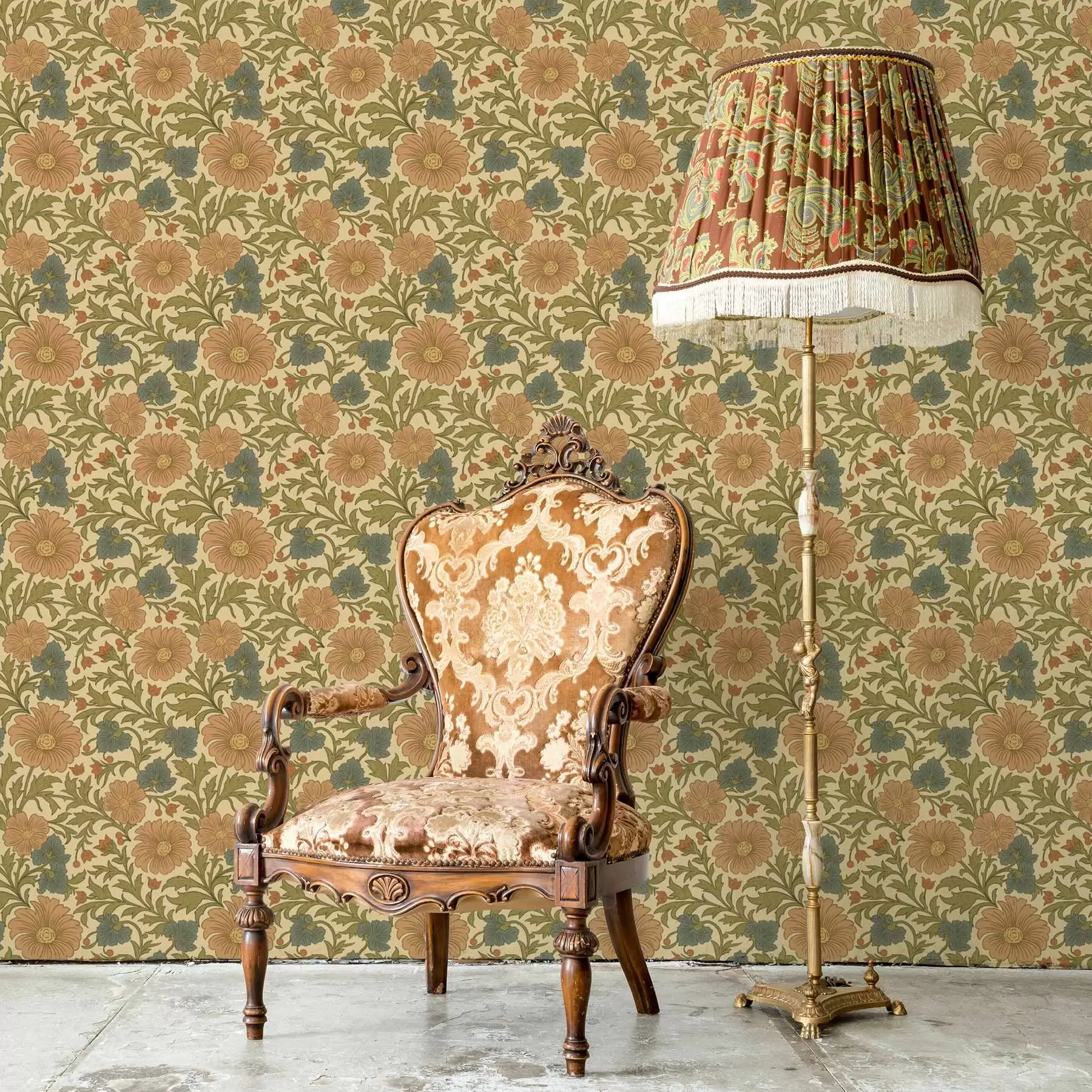 murais de parede Padrão retrô com flores laranja e azuis a00245