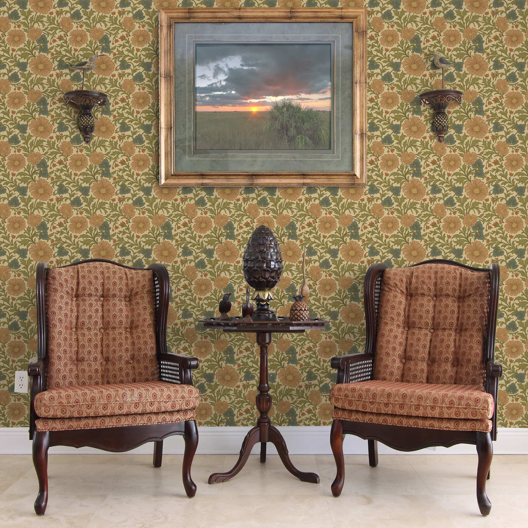 ✔️Antique wall paper U.W.P.C of N.A Papéis de parede Padrão retrô com flores laranja e azuis Nao