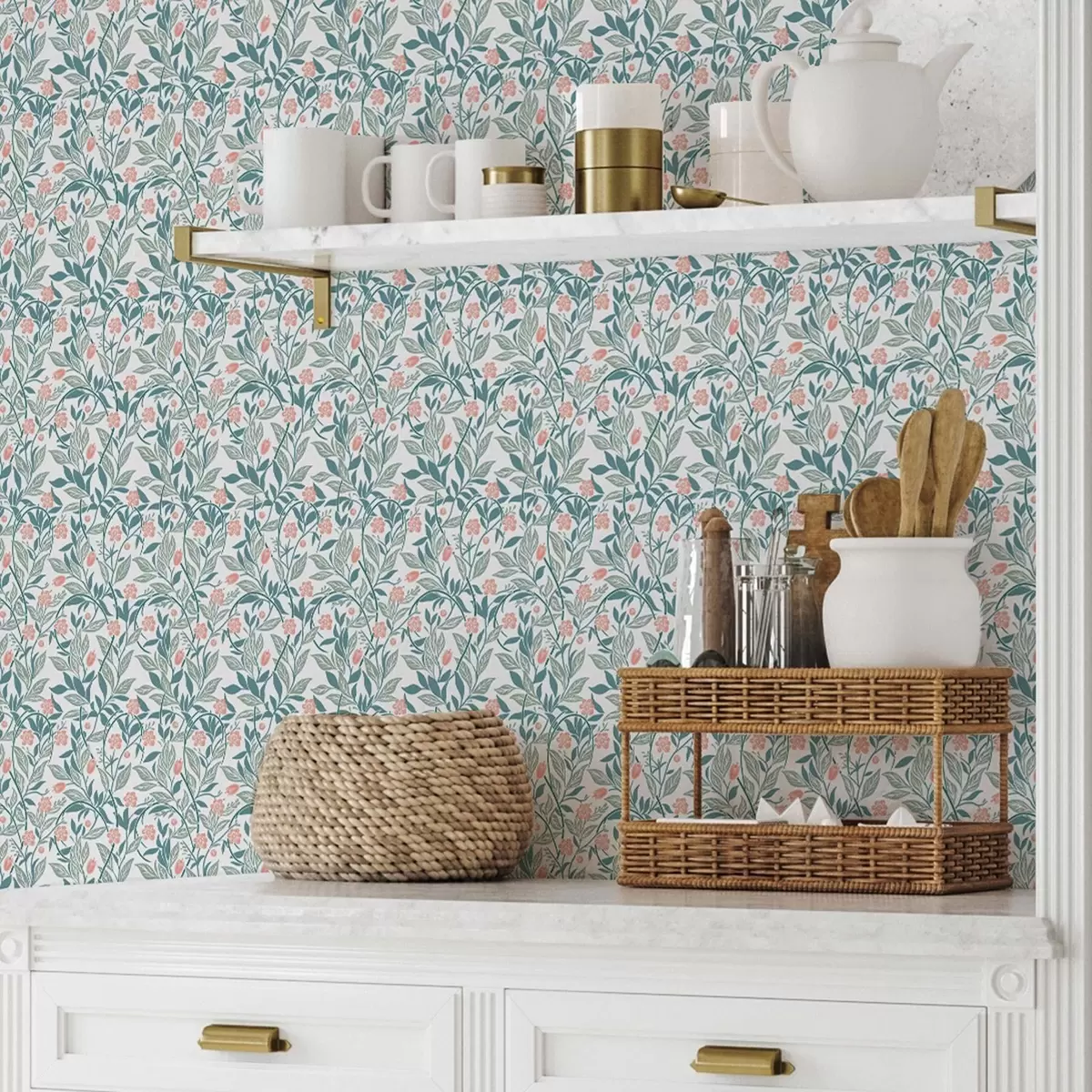 Papel de parede Padrão fresco com flores e folhas de coral a00247