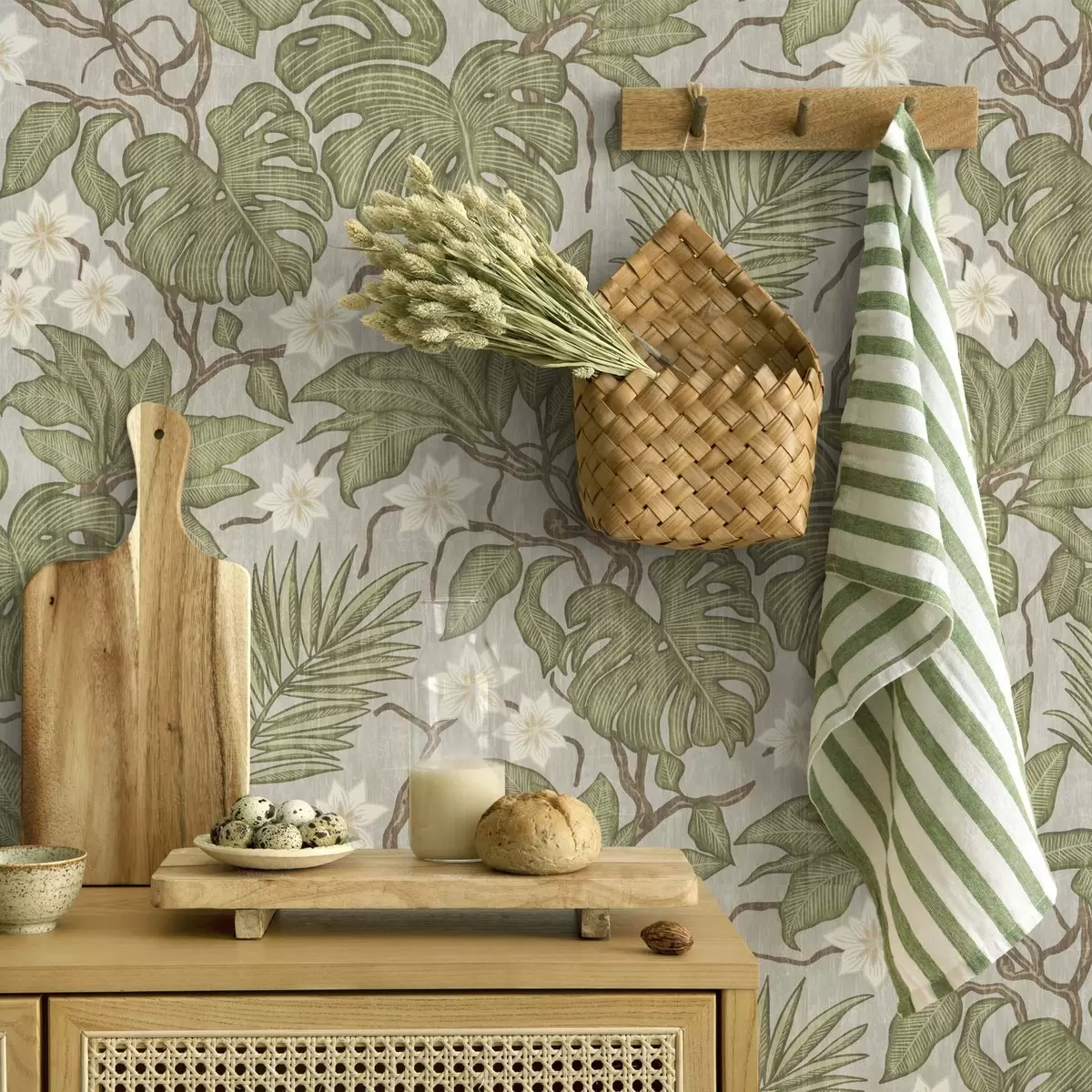 Papel de parede Folhas e flores de monstera tropical em um fundo cinza a00249