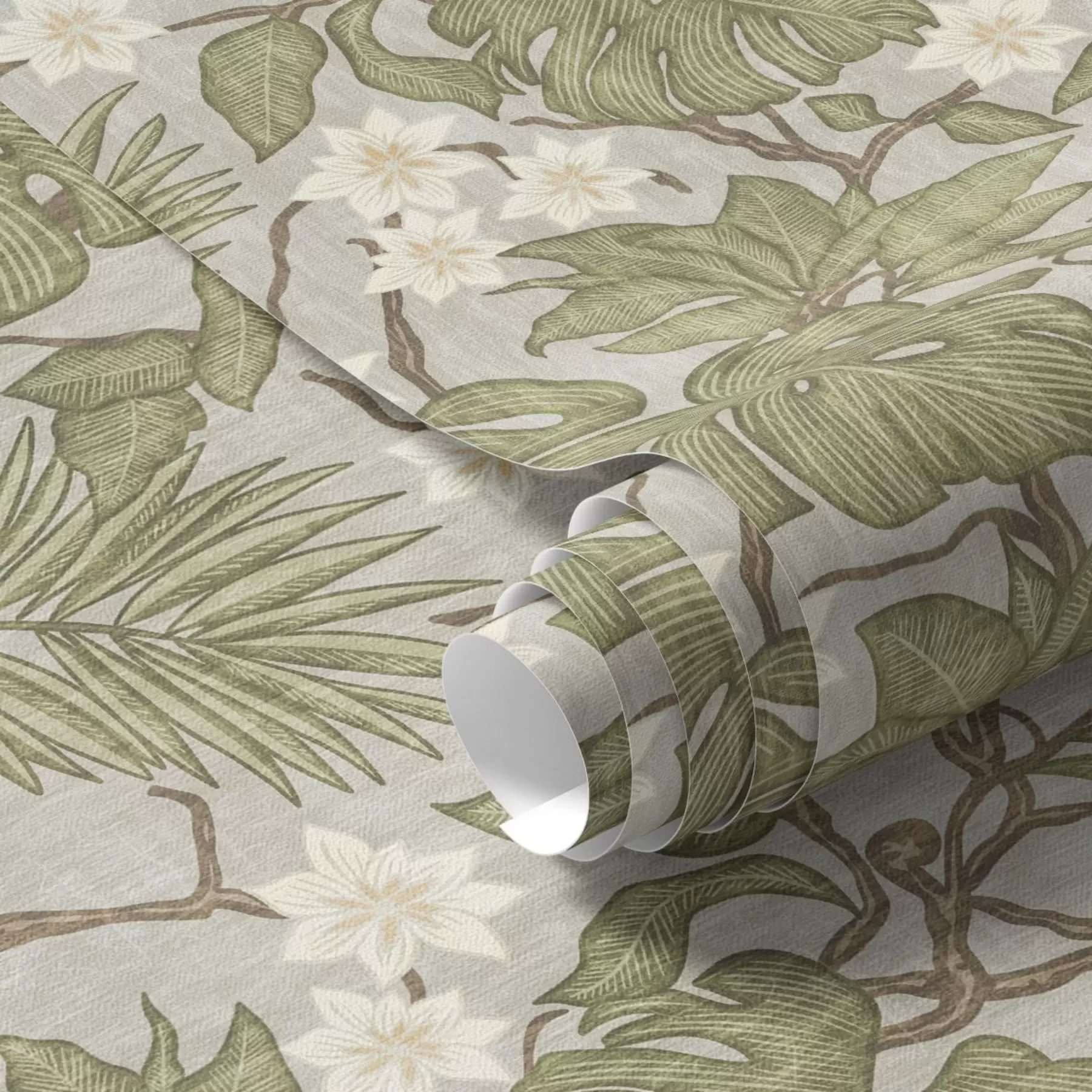 murais de parede Folhas e flores de monstera tropical em um fundo cinza a00249