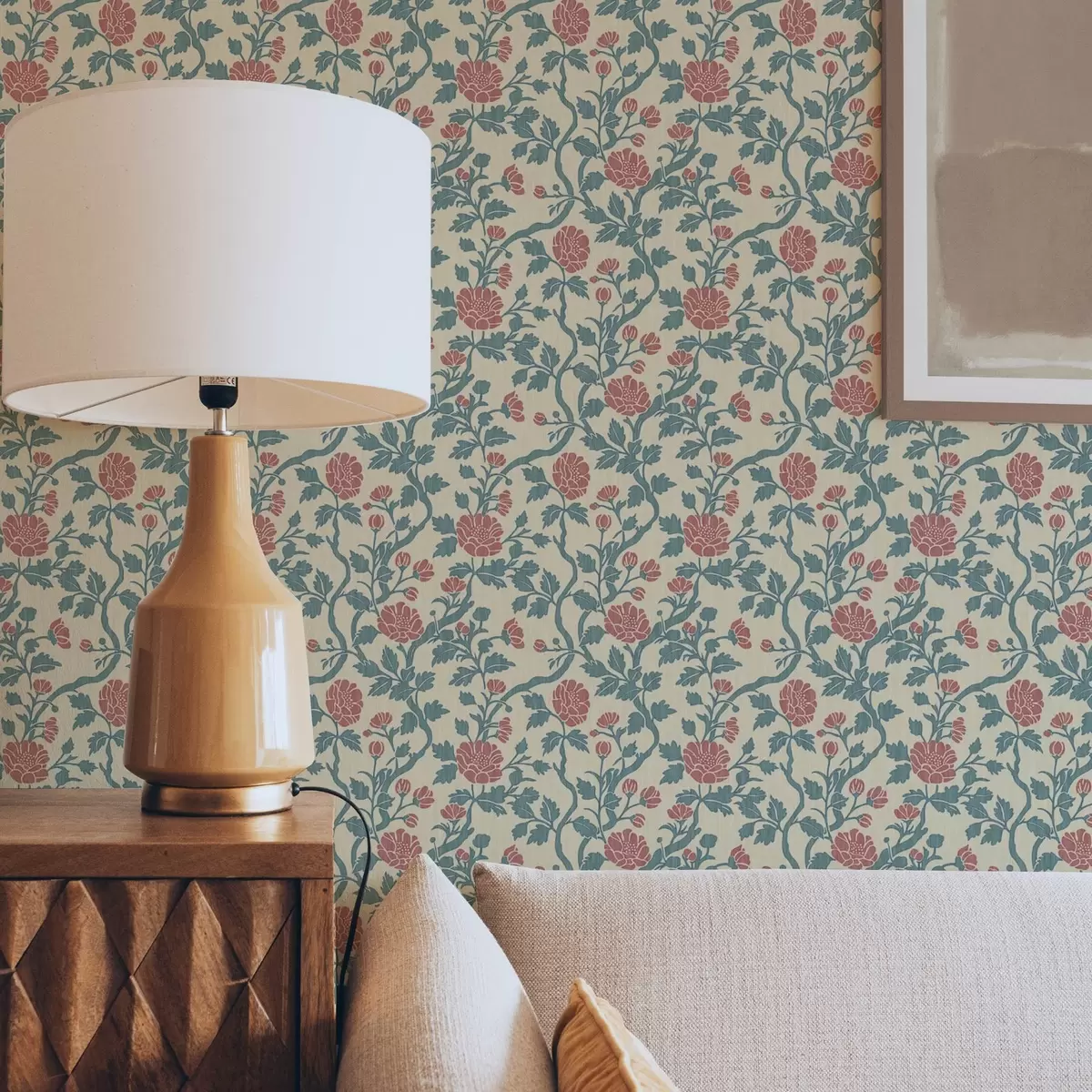 Papel de parede Padrão retrô com flores em vermelho e verde a00250