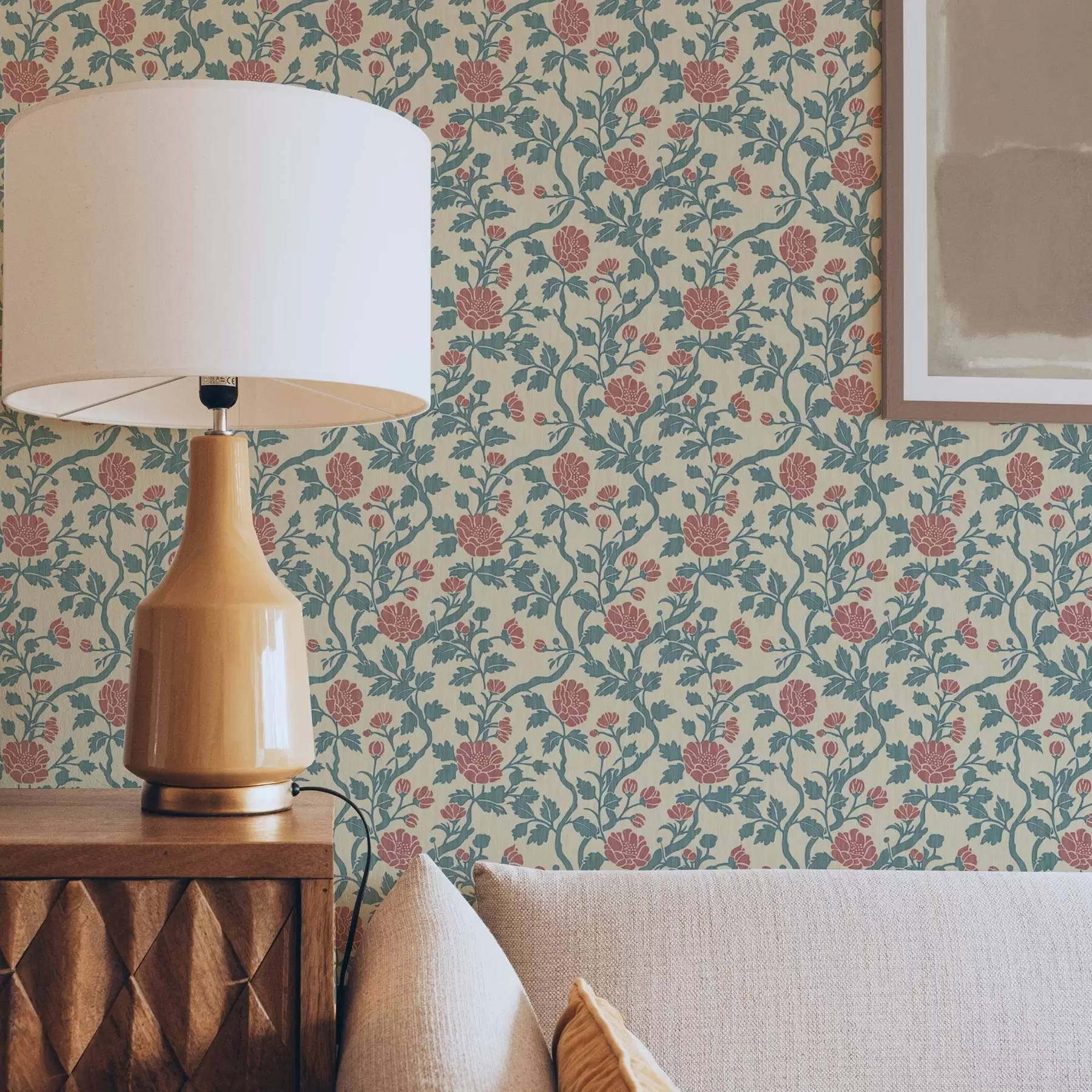 murais de parede Padrão retrô com flores em vermelho e verde a00250