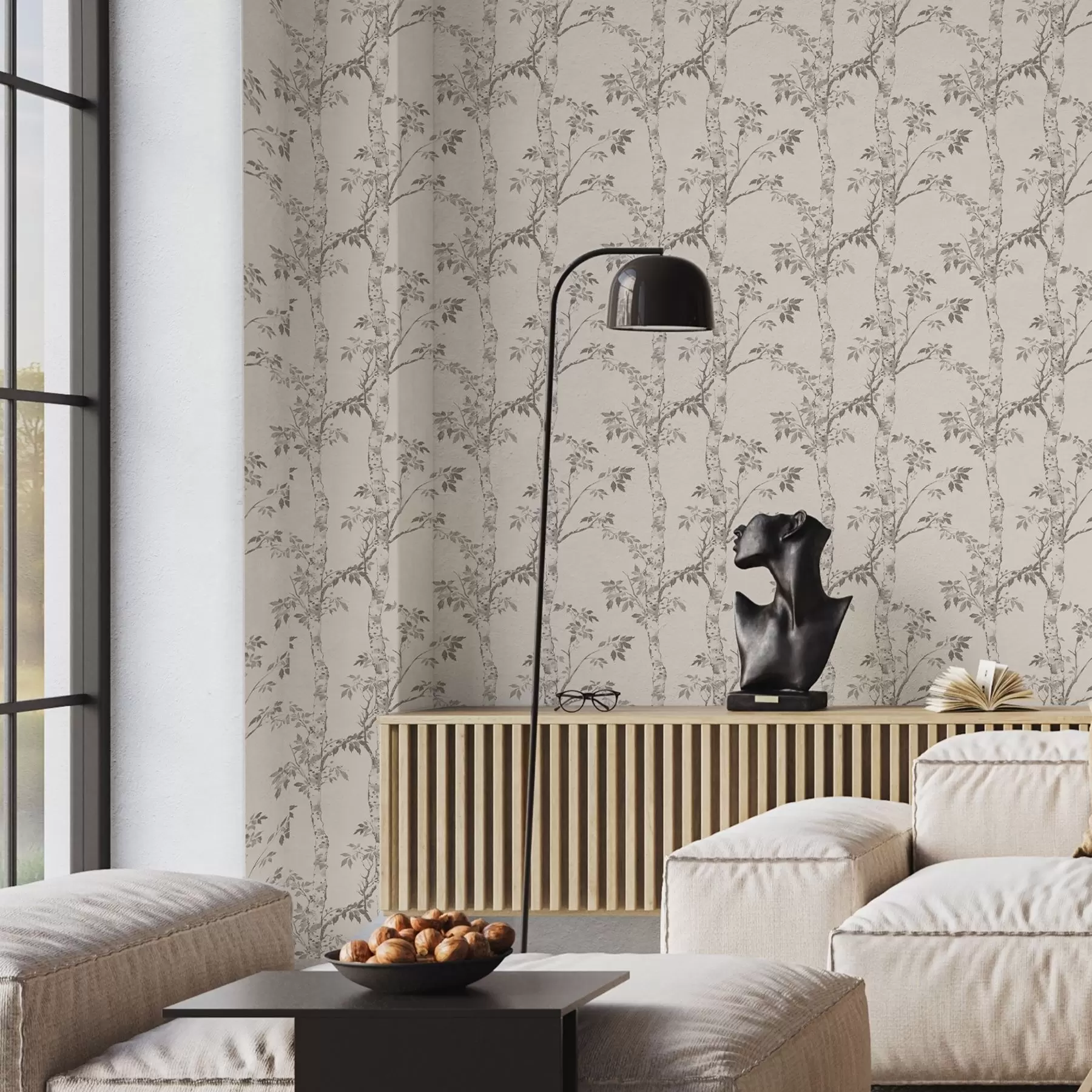 murais de parede Ramos de bétula com folhas em um fundo claro a00257