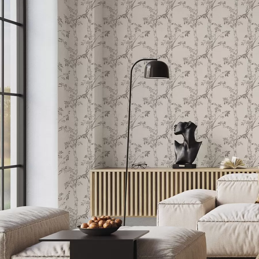 murais de parede Ramos de bétula com folhas em um fundo claro a00257