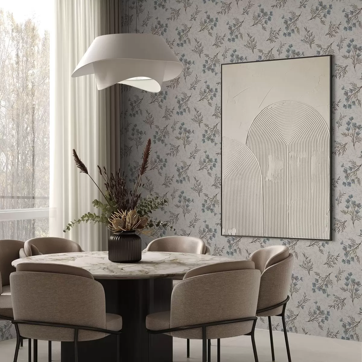 Papel de parede Pequenas flores azuis com ramos marrons a00265