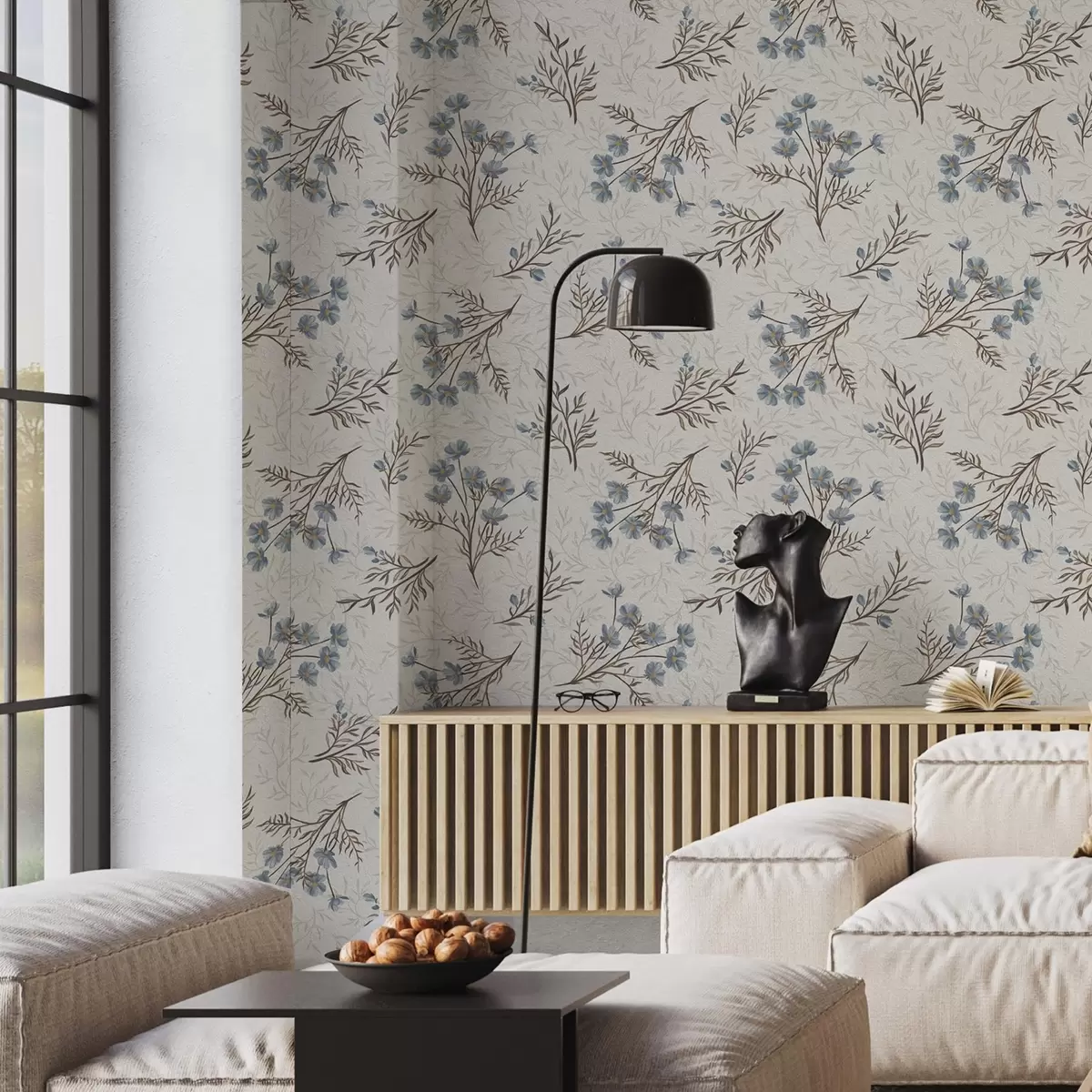 Papel de parede Flores azuis e galhos claros em um fundo branco a00265v1