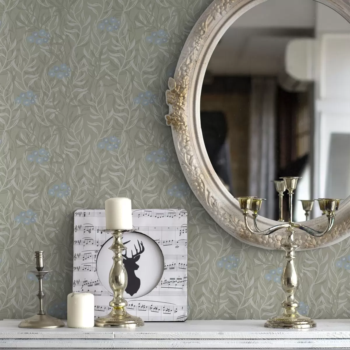 Papel de parede Fundo verde com galhos brancos e flores azuis a00268v1