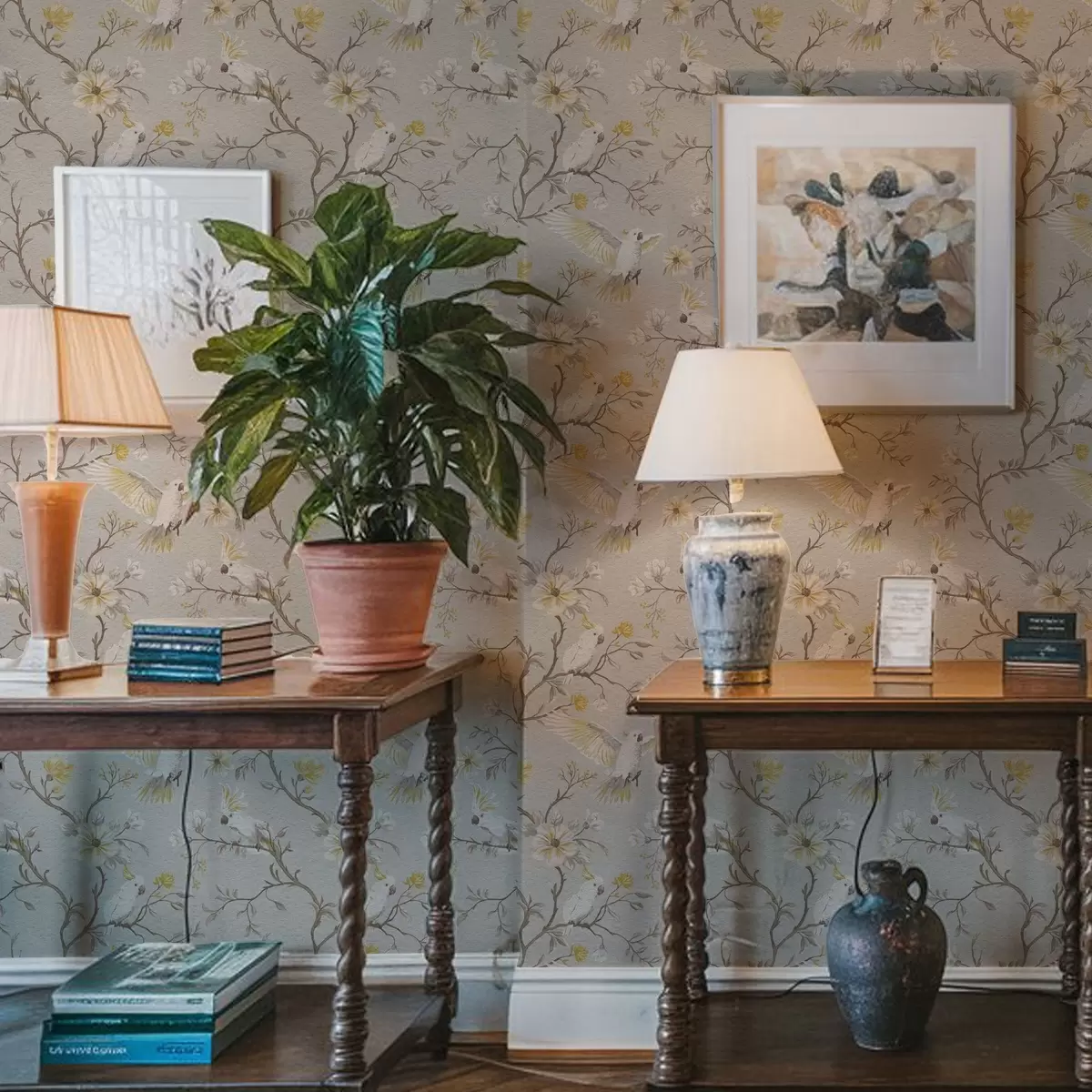 Papel de parede Papagaios e flores amarelas em um fundo claro a00270