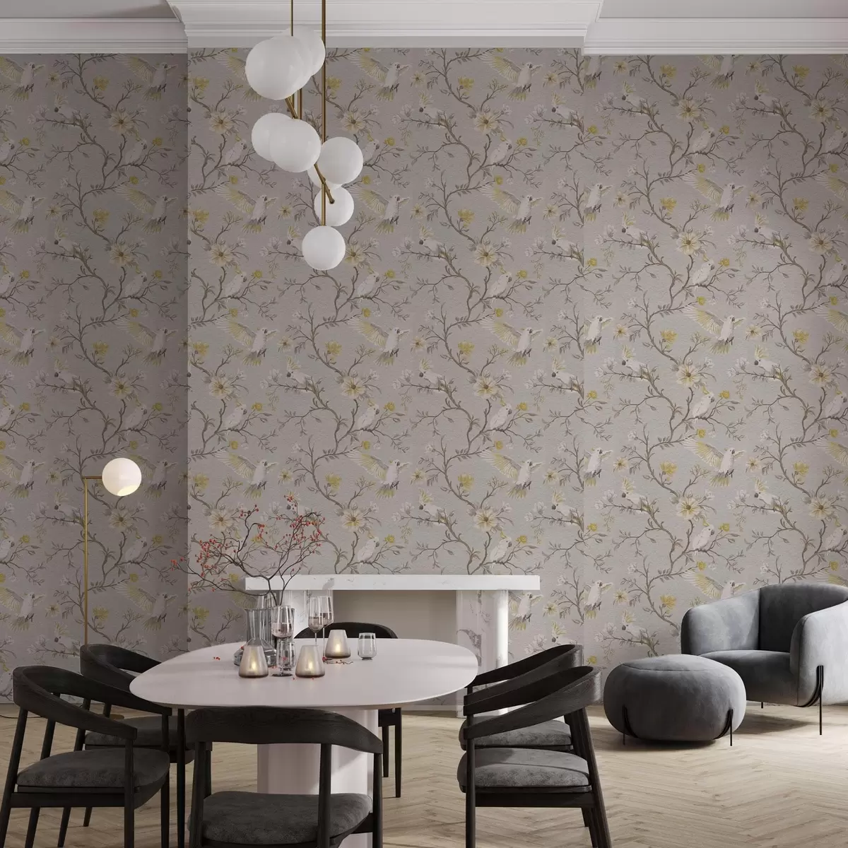 Papel de parede Papagaios e flores amarelas em um fundo claro a00270