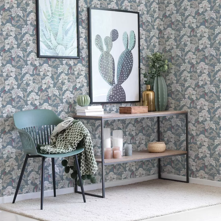 murais de parede Hibisco branco sobre fundo azul com padrão de contorno a00272v1