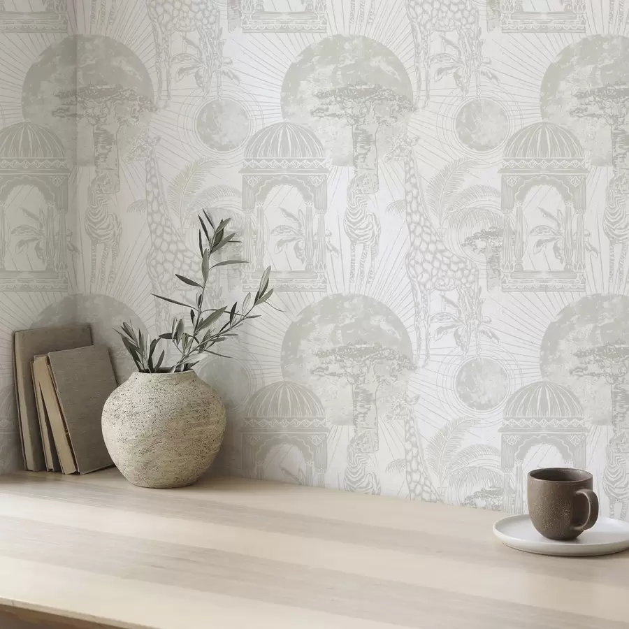 murais de parede Ilustração gráfica com girafa, zebra e palmeiras a00276v1