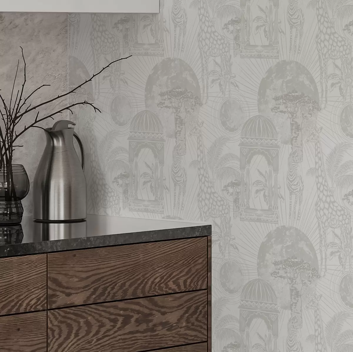 Papel de parede Ilustração gráfica com girafa, zebra e palmeiras a00276v1