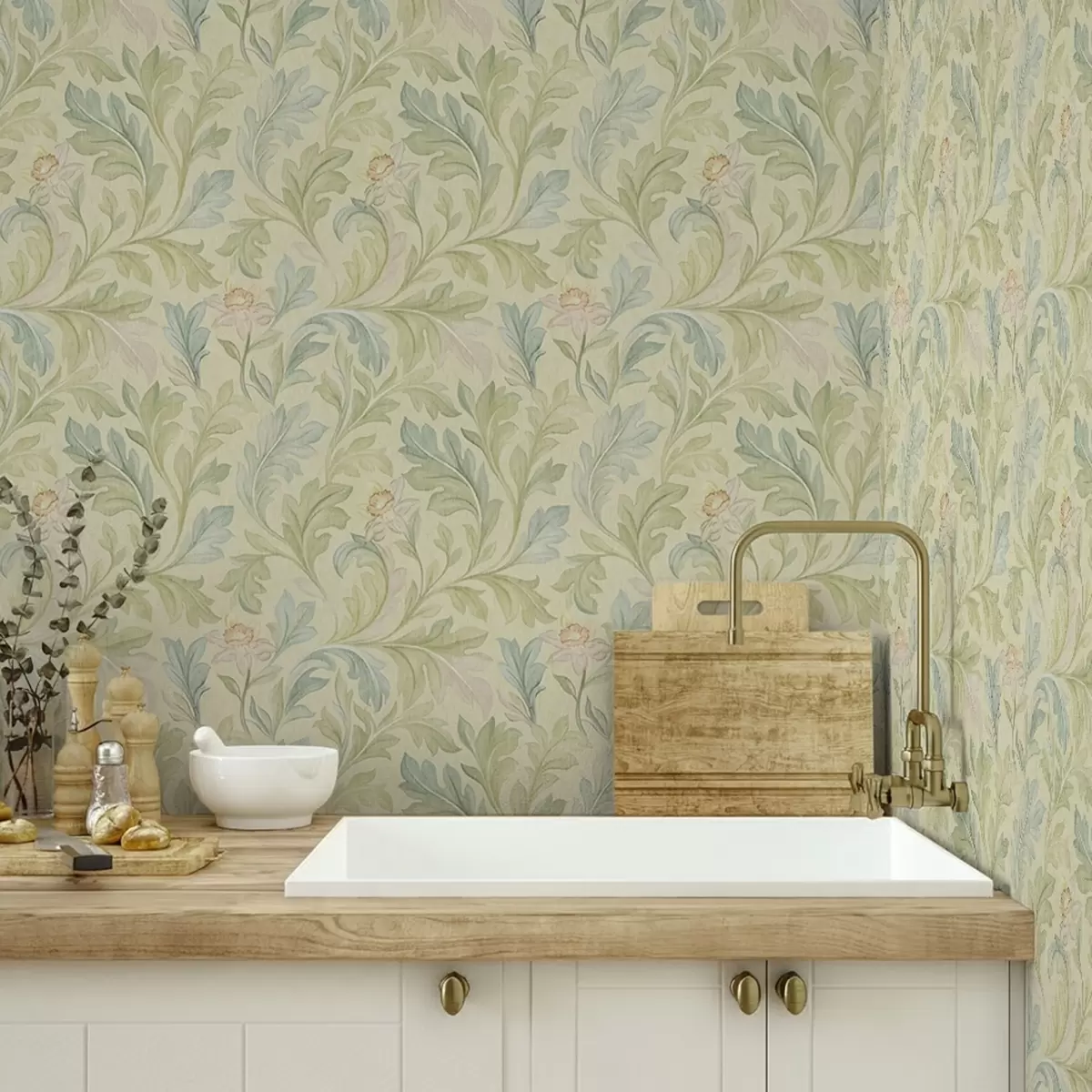 Papel de parede Folhas vintage em um fundo amarelado, cores suaves a00277v1