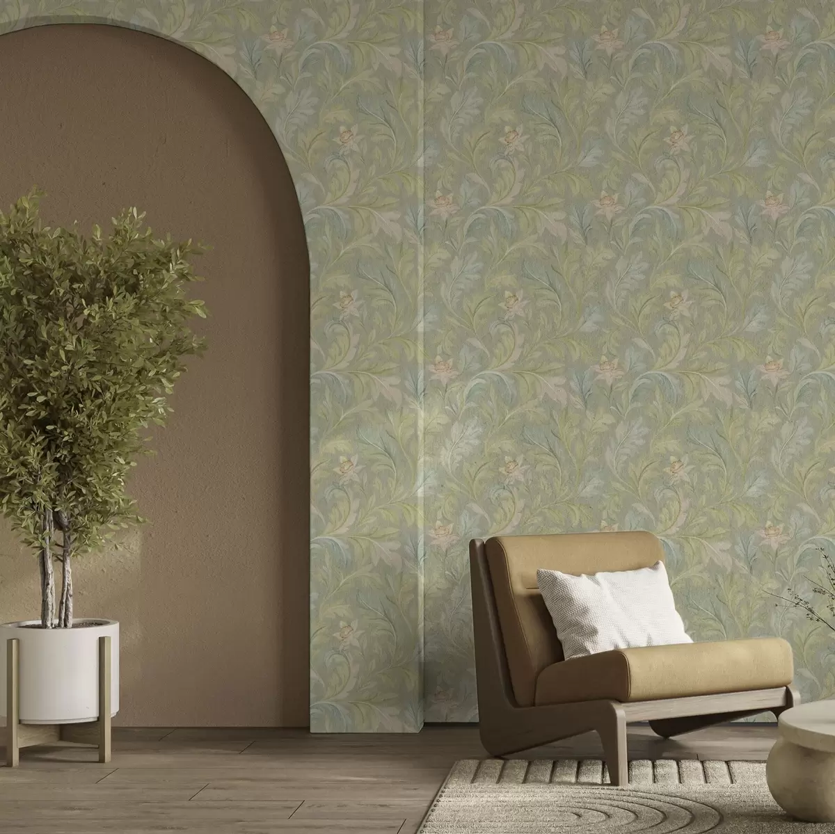 Papel de parede Folhas vintage em fundo verde, cores pastéis a00277