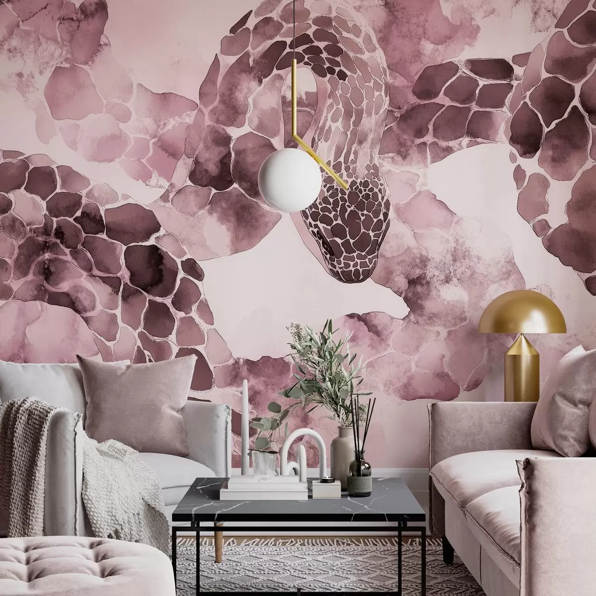 murais de parede Silhueta de cobra, estilo aquarela, cores bordô w04113v1