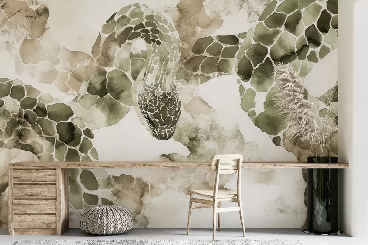 murais de parede Silhueta de cobra, estilo aquarela, cores oliva w04113v3