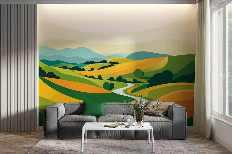 murais de parede Paisagem abstrata com colinas e árvores, cores vivas w04116