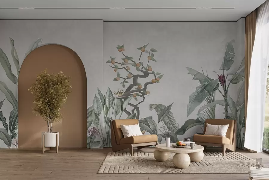 murais de parede Plantas tropicais com laranjeira em um fundo claro w04201