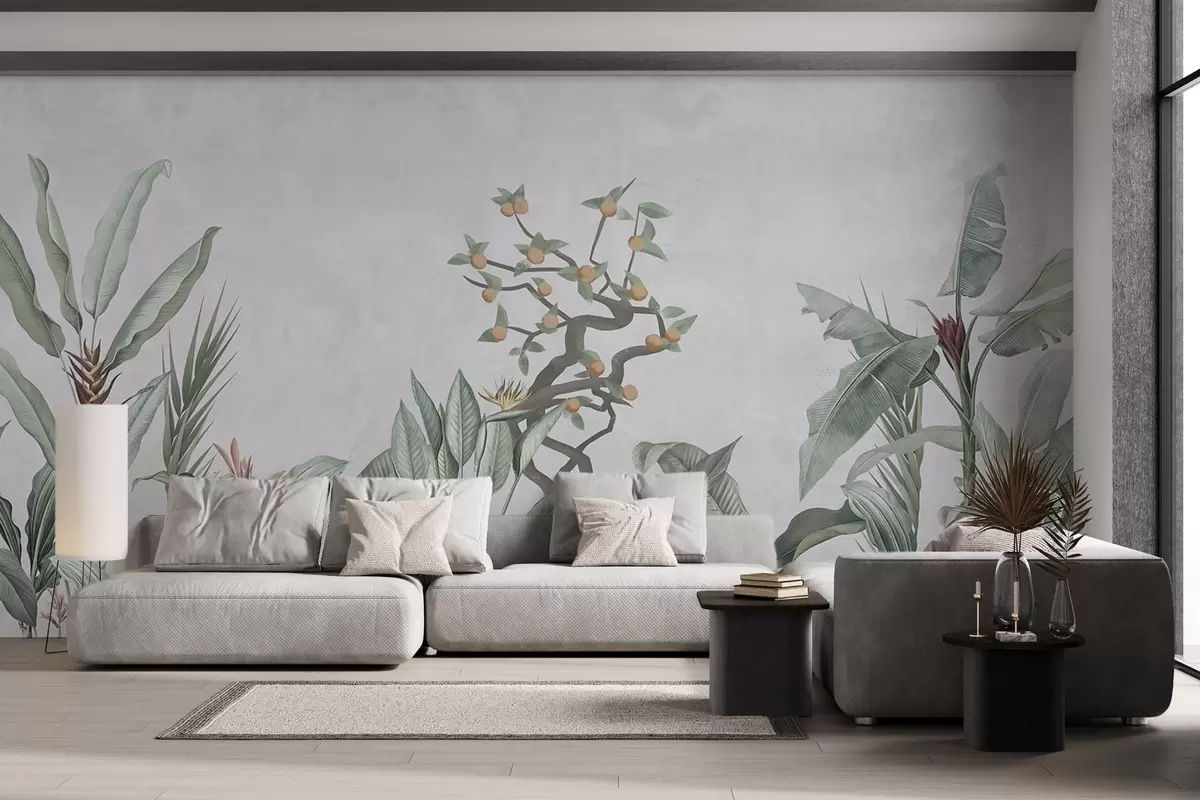 murais de parede Plantas tropicais com laranjeira em um fundo claro w04201