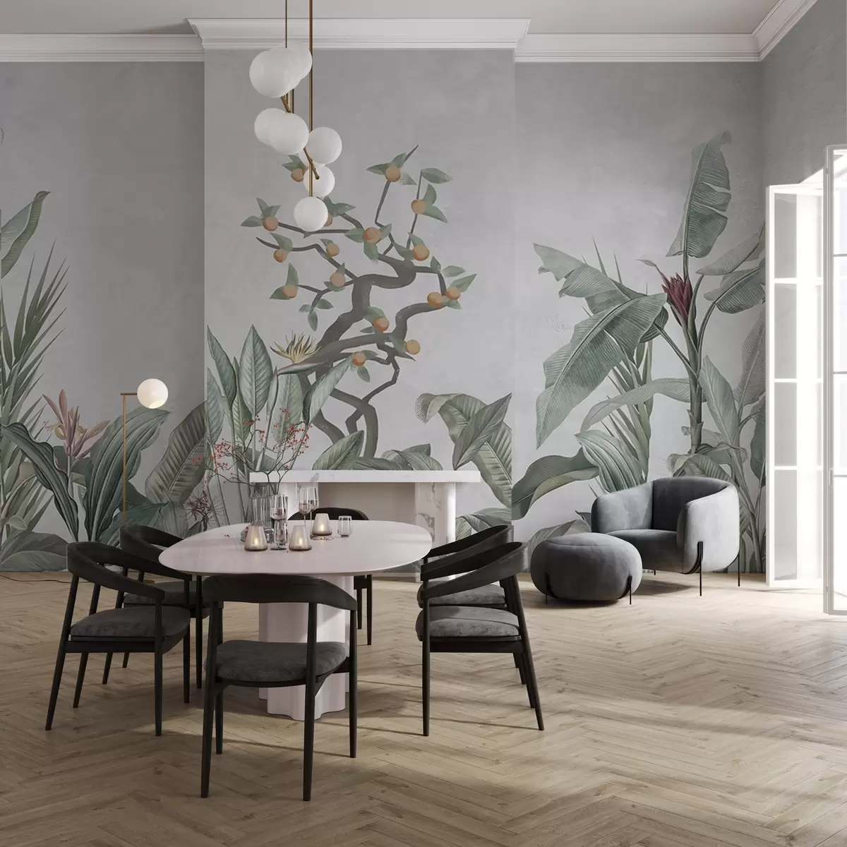 murais de parede Plantas tropicais com laranjeira em um fundo claro w04201