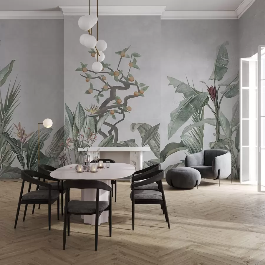 murais de parede Plantas tropicais com laranjeira em um fundo claro w04201