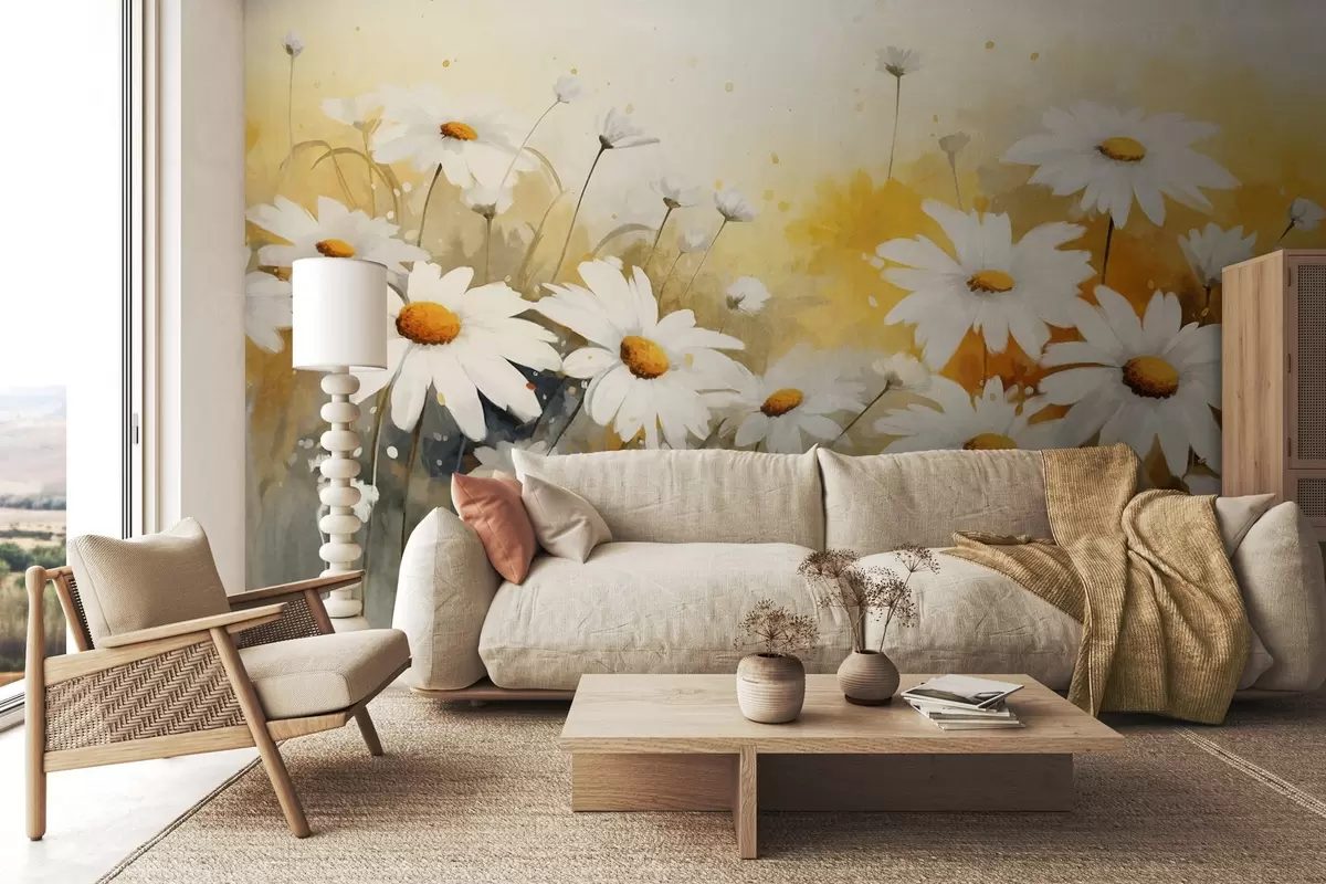 murais de parede Um campo de margaridas brancas com centros amarelos, em um fundo amarelo e bege suave, em estilo aquarela  w09218
