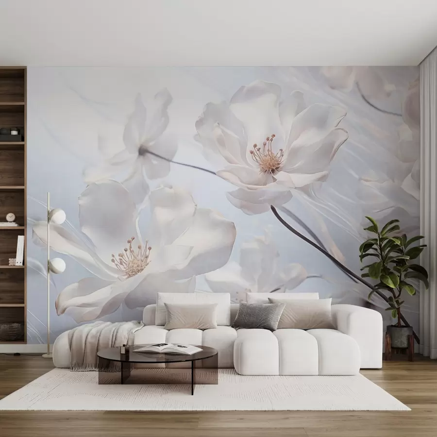 murais de parede Flores brancas transparentes texturizadas com pétalas delicadas, fundo azul claro suave, elegante, romântico, sonhador w09233