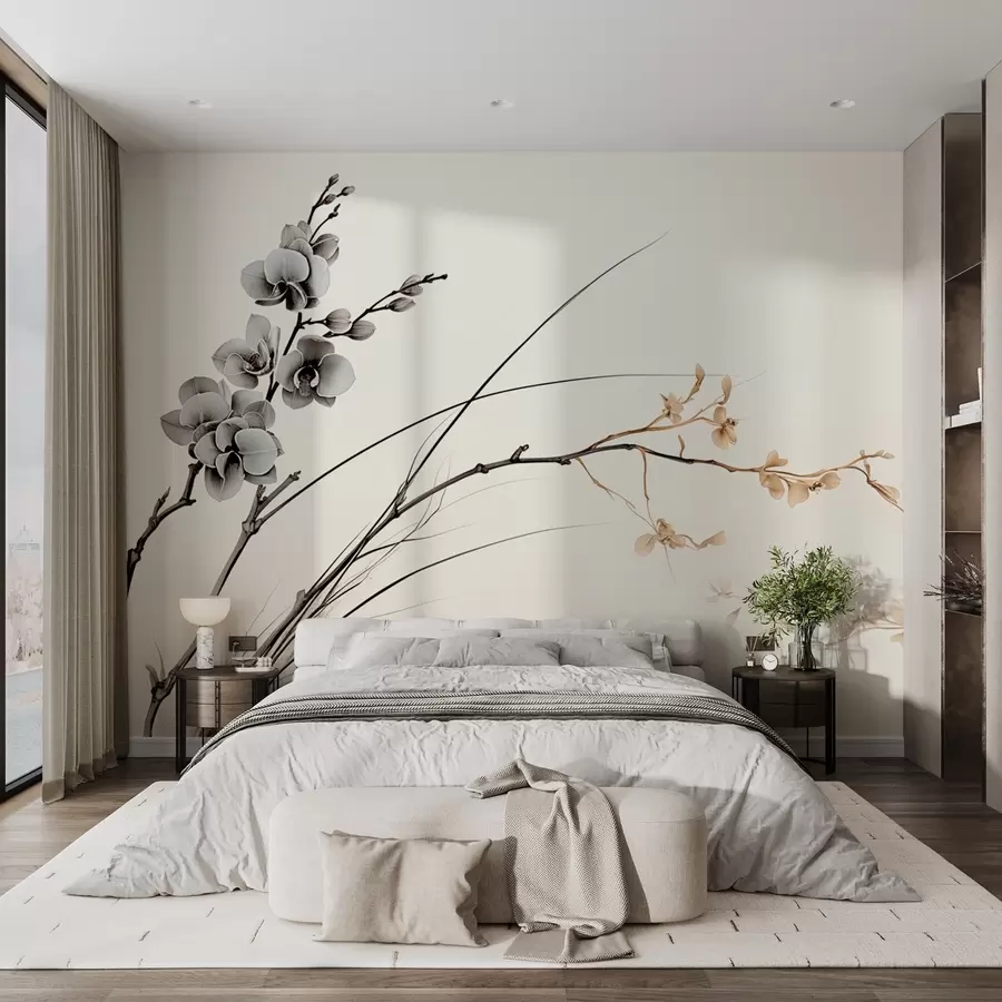 murais de parede Ramo de orquídea minimalista em tons suaves de sépia e cinza w09250