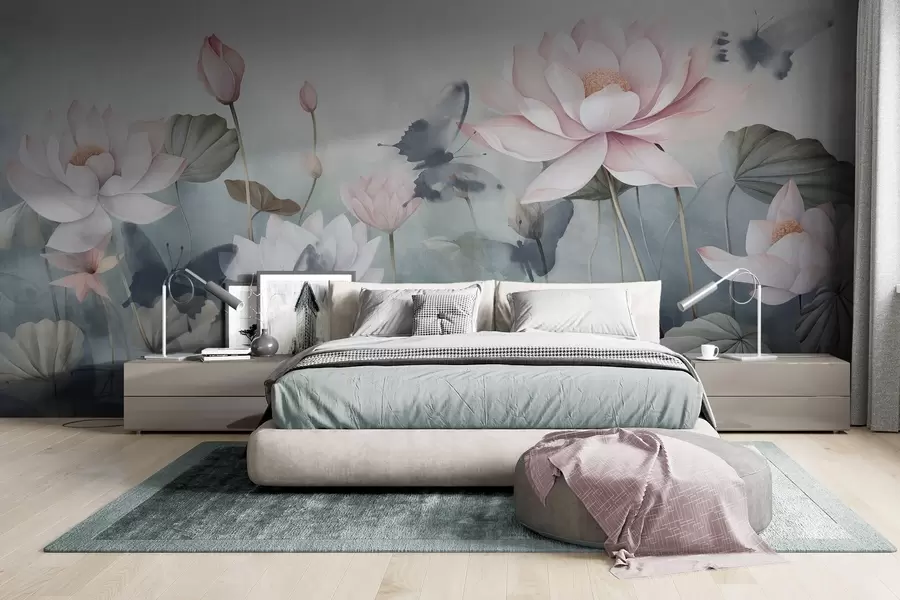 murais de parede Flores texturizadas de lótus com pétalas em tons pastéis de rosa, folhas verdes, reflexo da água, cores pastéis suaves, efeito de aquarela w09254