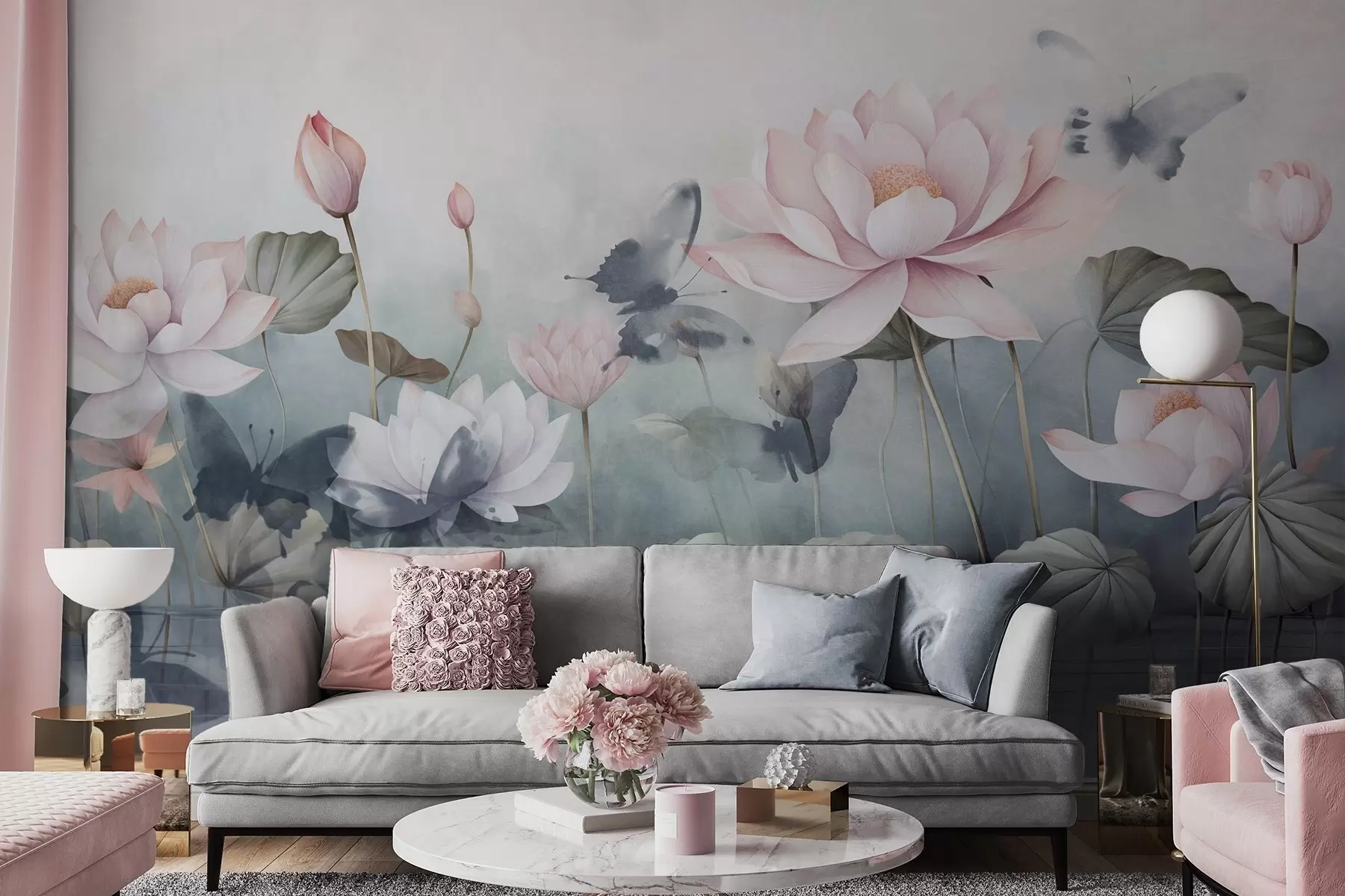 murais de parede Flores texturizadas de lótus com pétalas em tons pastéis de rosa, folhas verdes, reflexo da água, cores pastéis suaves, efeito de aquarela w09254