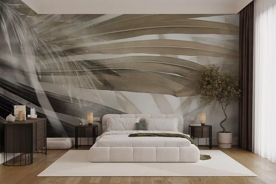 murais de parede Folhas de palmeira com um tom marrom claro, sobrepostas e criando um efeito de camadas, em um fundo suave e neutro w09256