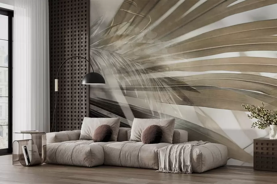 murais de parede Folhas de palmeira com um tom marrom claro, sobrepostas e criando um efeito de camadas, em um fundo suave e neutro w09256