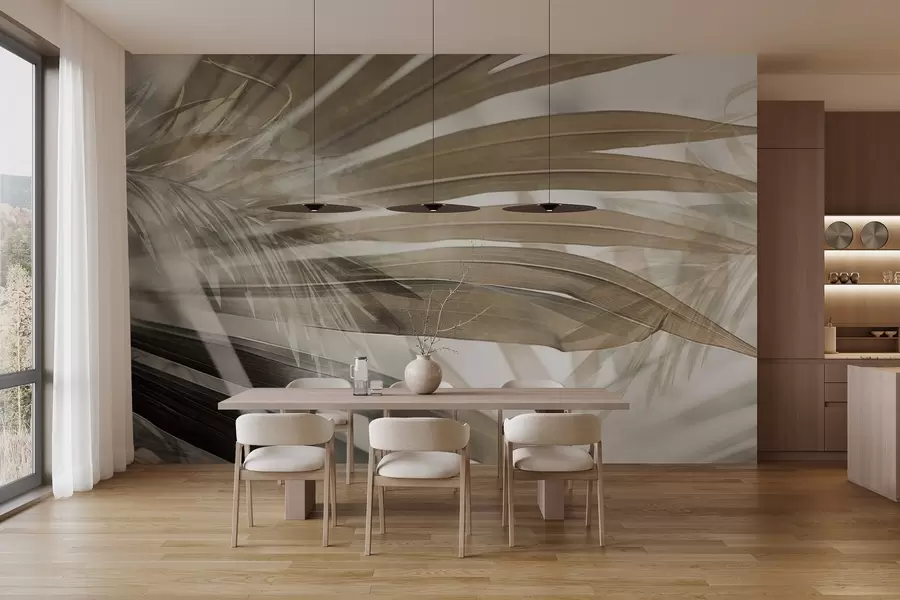 murais de parede Folhas de palmeira com um tom marrom claro, sobrepostas e criando um efeito de camadas, em um fundo suave e neutro w09256