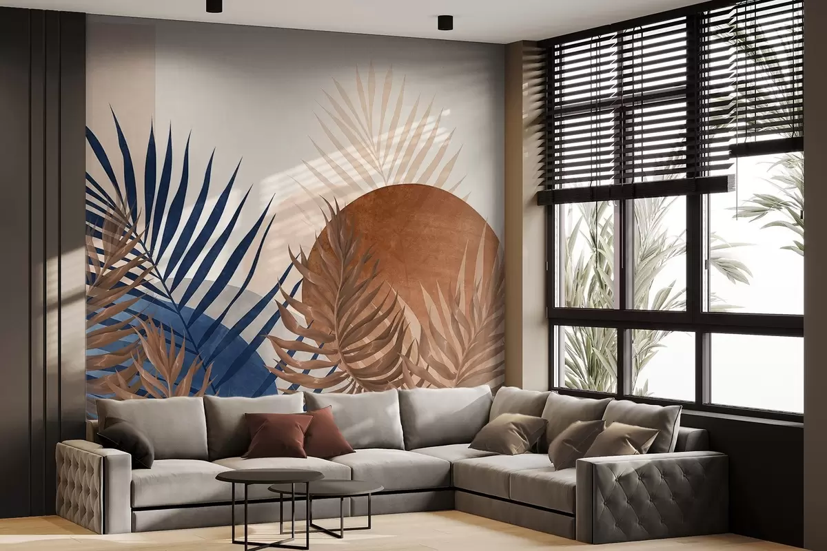 murais de parede Composição abstrata texturizada com folhas tropicais em tons de azul e tons terrosos, com uma grande forma circular w09257