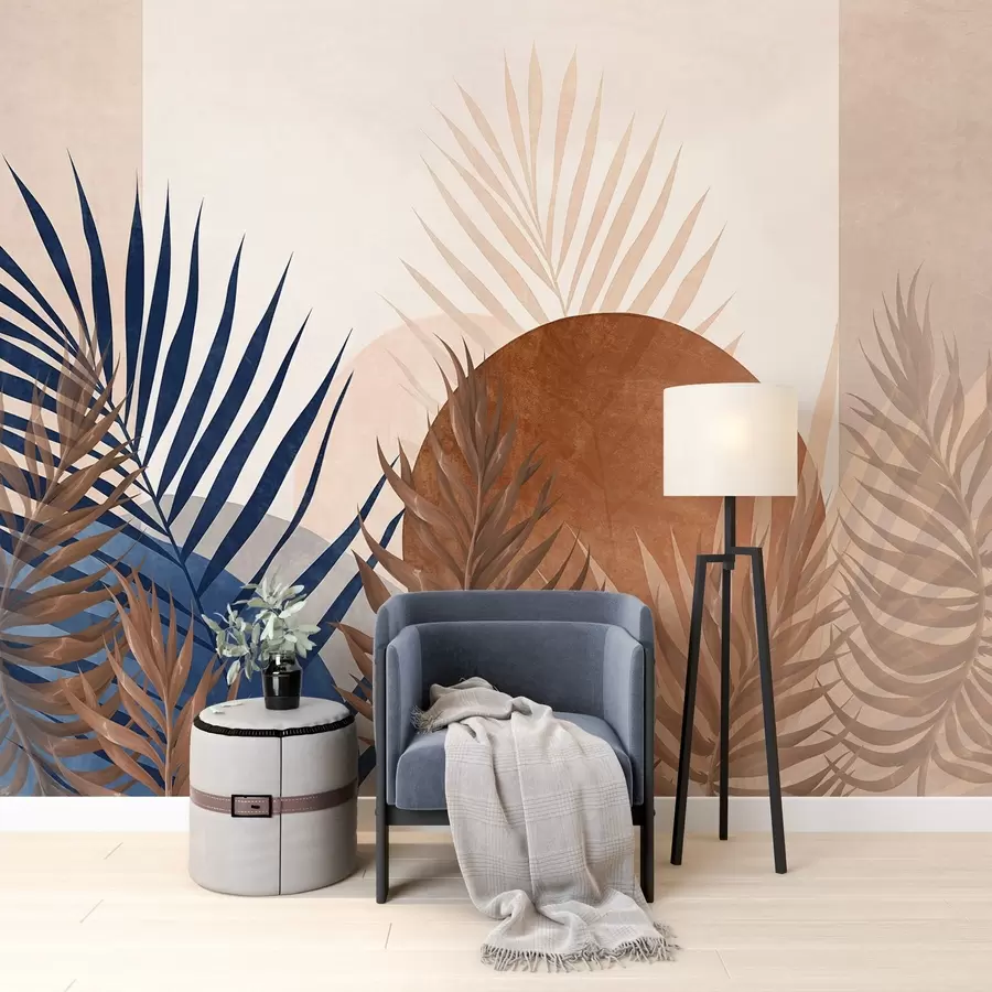 murais de parede Composição abstrata texturizada com folhas tropicais em tons de azul e tons terrosos, com uma grande forma circular w09257