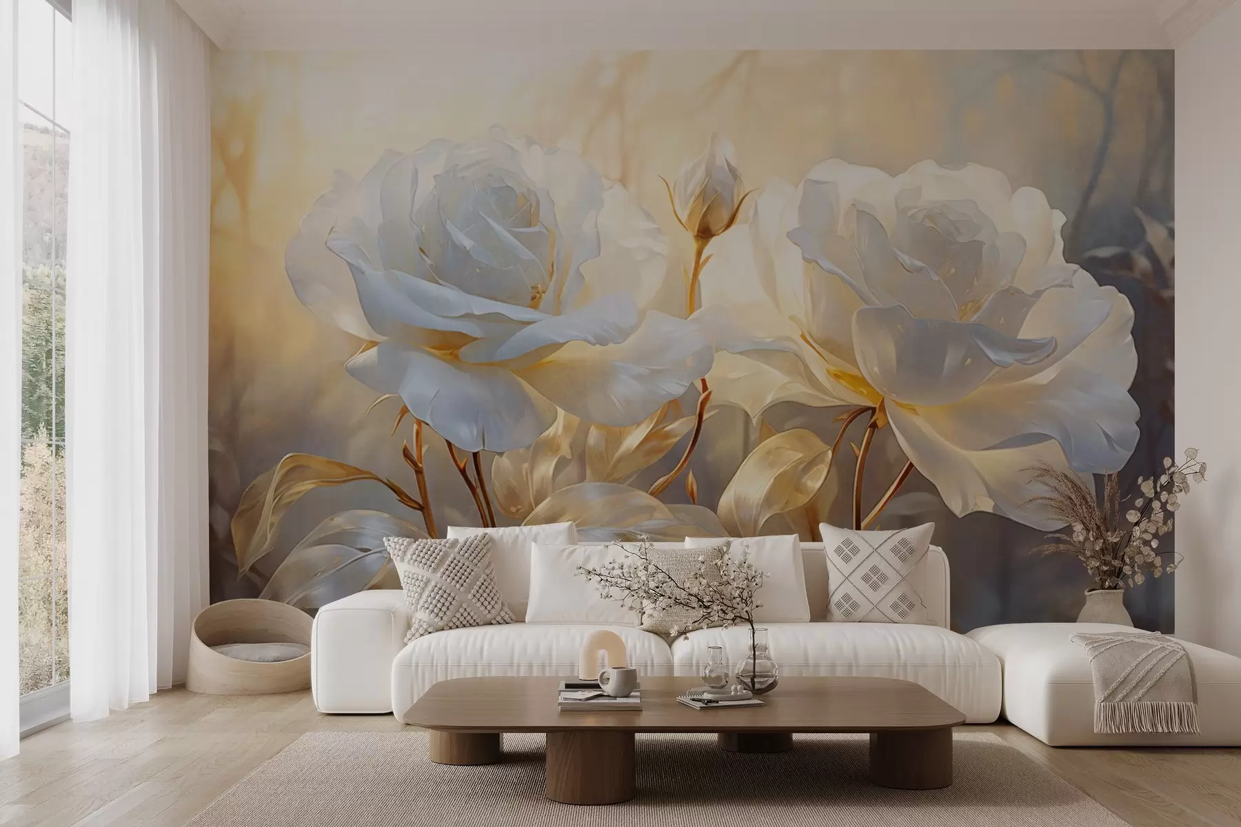 murais de parede Rosas brancas texturizadas com caules e folhas amarelos, iluminação suave, fundo claro com formas florais desfocadas w09258