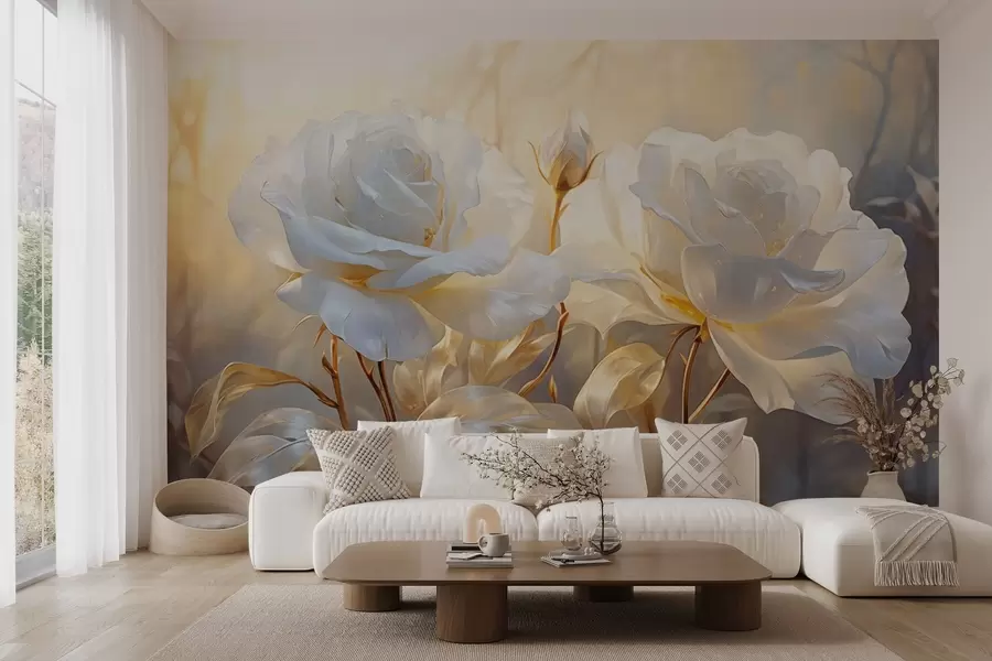 murais de parede Rosas brancas texturizadas com caules e folhas amarelos, iluminação suave, fundo claro com formas florais desfocadas w09258