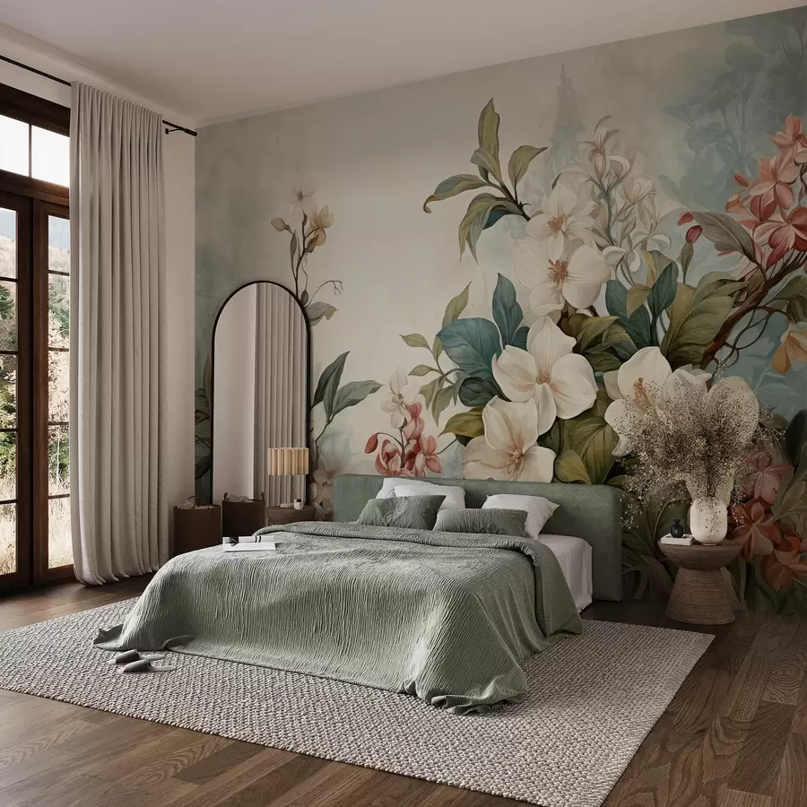 murais de parede Flores e folhas tropicais texturizadas com tons suaves de azul e verde, pinceladas delicadas, estilo botânico vintage w09259