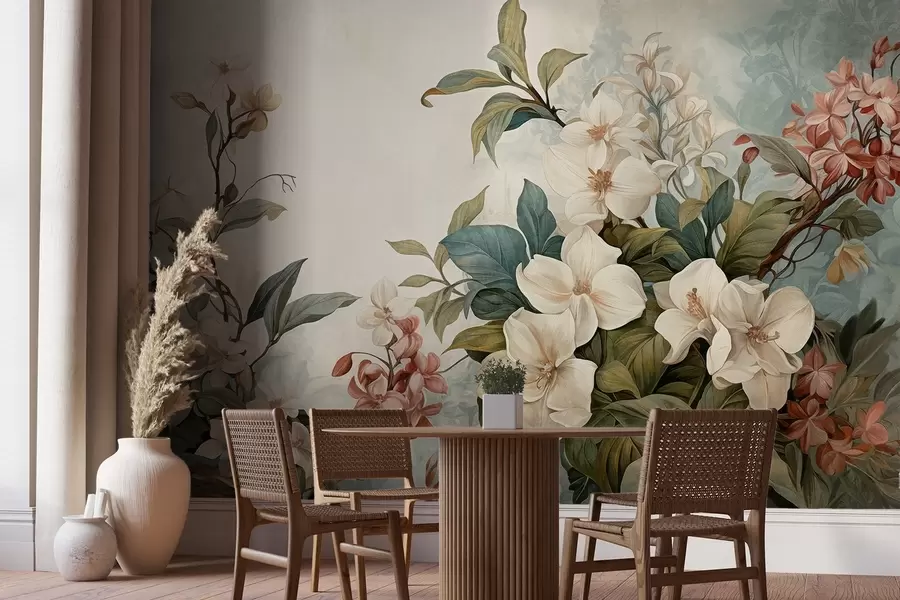 murais de parede Flores e folhas tropicais texturizadas com tons suaves de azul e verde, pinceladas delicadas, estilo botânico vintage w09259