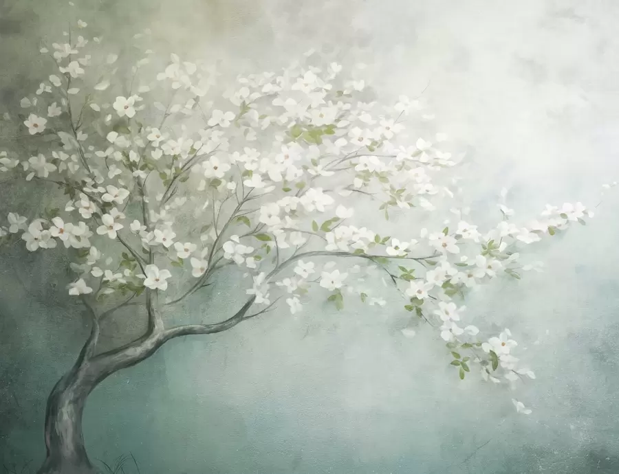 murais de parede Uma árvore florescendo com flores brancas em plena floração, em um fundo com textura granulada e barulhenta de azul e verde suaves w09261