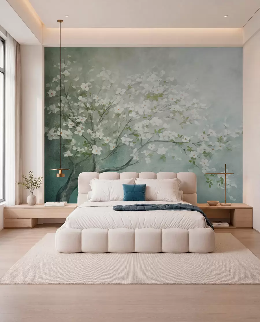 murais de parede Uma árvore florescendo com flores brancas em plena floração, em um fundo com textura granulada e barulhenta de azul e verde suaves w09261