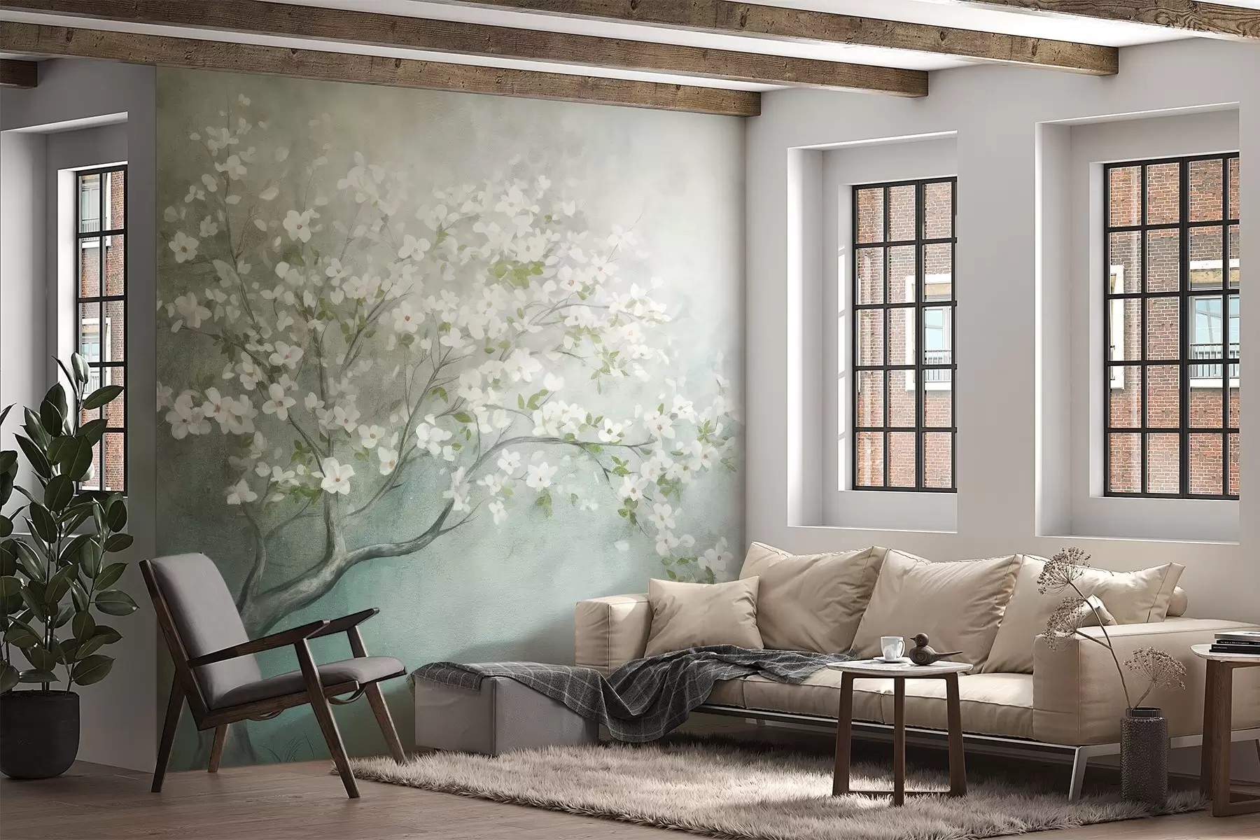 murais de parede Uma árvore florescendo com flores brancas em plena floração, em um fundo com textura granulada e barulhenta de azul e verde suaves w09261