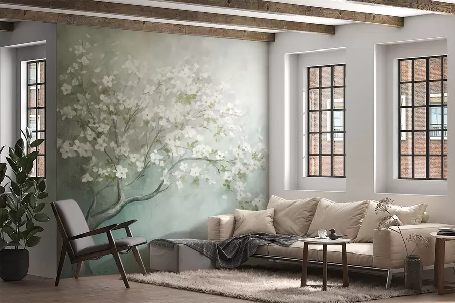 murais de parede Uma árvore florescendo com flores brancas em plena floração, em um fundo com textura granulada e barulhenta de azul e verde suaves w09261