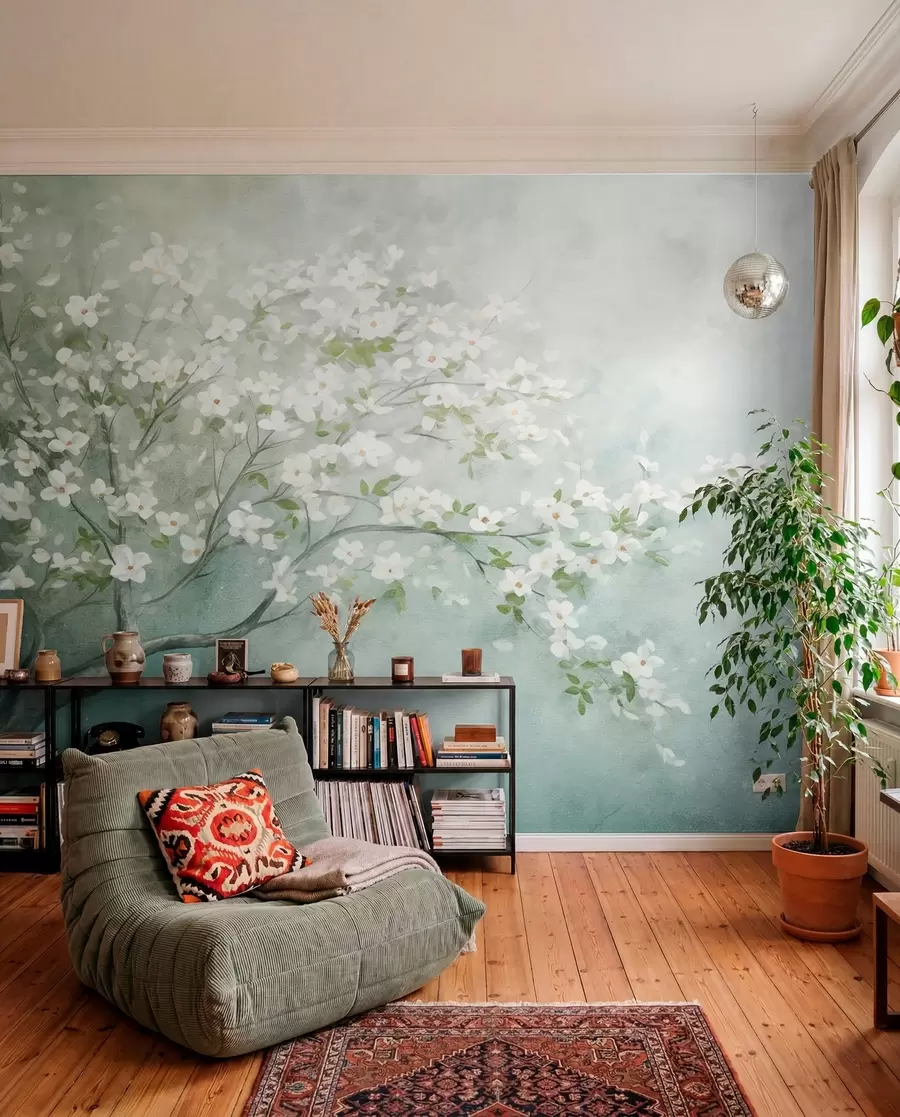 murais de parede Uma árvore florescendo com flores brancas em plena floração, em um fundo com textura granulada e barulhenta de azul e verde suaves w09261