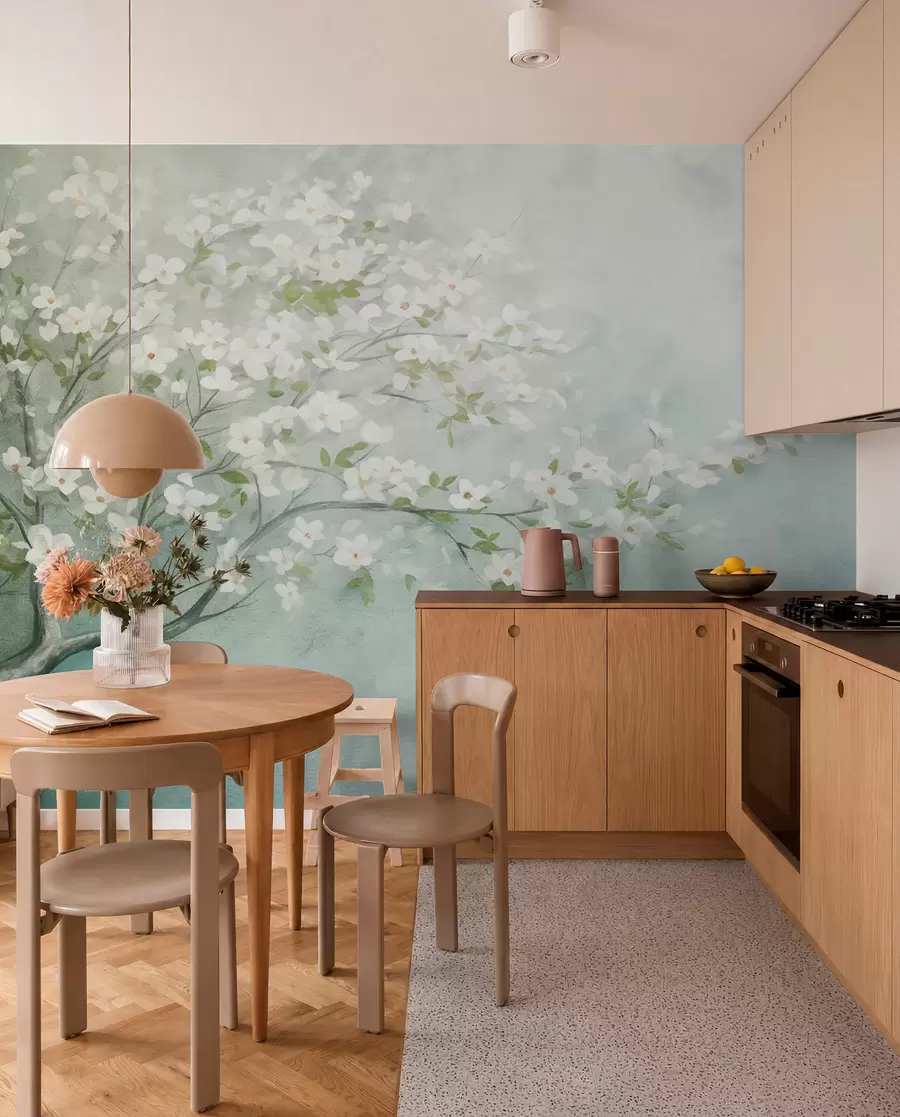 murais de parede Uma árvore florescendo com flores brancas em plena floração, em um fundo com textura granulada e barulhenta de azul e verde suaves w09261