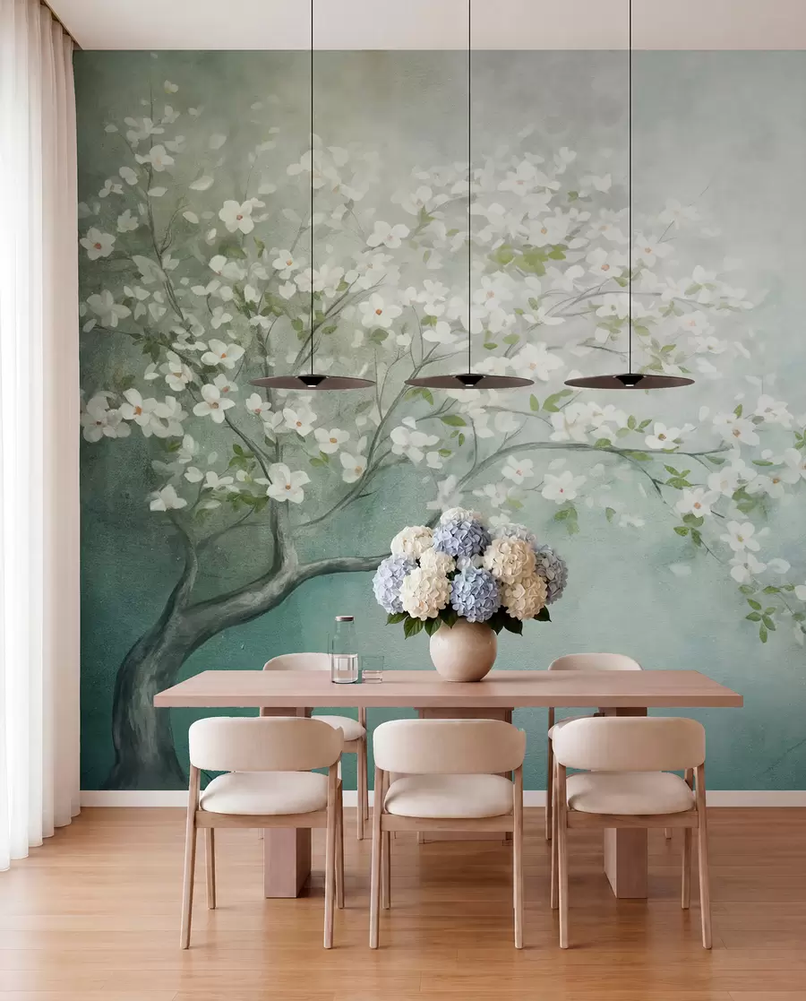 murais de parede Uma árvore florescendo com flores brancas em plena floração, em um fundo com textura granulada e barulhenta de azul e verde suaves w09261