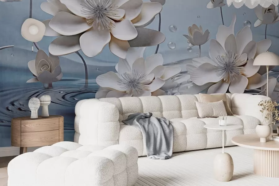 murais de parede Flores brancas texturizadas com gotas de água, reflexos na superfície da água, fundo azul claro, design elegante w09262