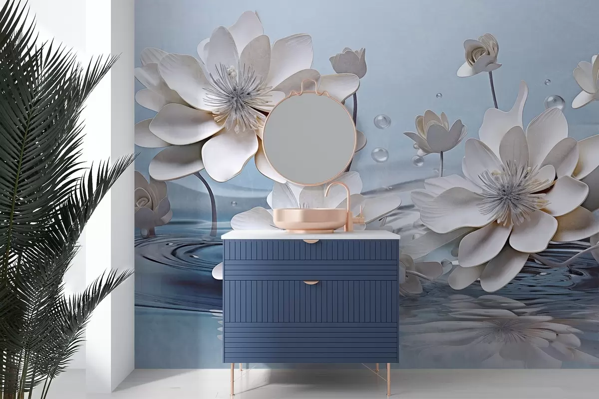 murais de parede Flores brancas texturizadas com gotas de água, reflexos na superfície da água, fundo azul claro, design elegante w09262